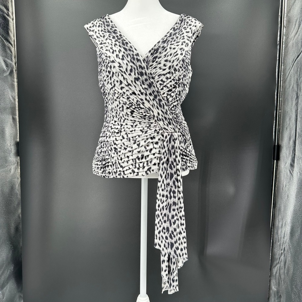 Mieka Black White Silk Leopard Print Ruched Sash Sleeveless Blouse Size 10